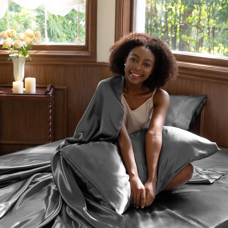 CozyLux Satin Sheets Queen Size Bed Set - 4 Piece Silky Queen Sheet Set, Luxury Dark Grey Queen Sheets with Smooth and Soft Microfiber, Includes 1 Fitted Sheet, 1 Flat Sheet and 2 Pillowcases - Image 5
